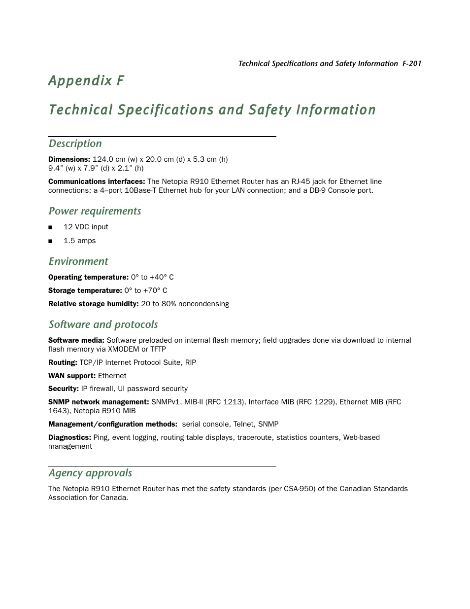 Technical specifications and safety information, Description, Power requirements | Environment, Software and protocols, Agency approvals | Netopia R910 User Manual | Page 201 / 209