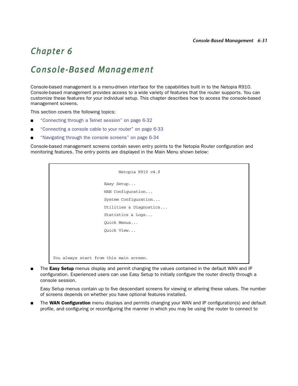 Console-based management, Console-based management” on | Netopia R910 User Manual | Page 31 / 209