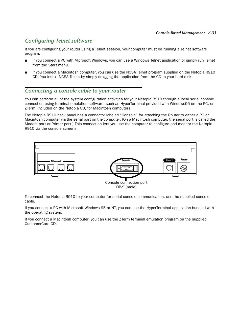 Configuring telnet software, Connecting a console cable to your router, Connecting a console cable to | Netopia R910 User Manual | Page 33 / 209