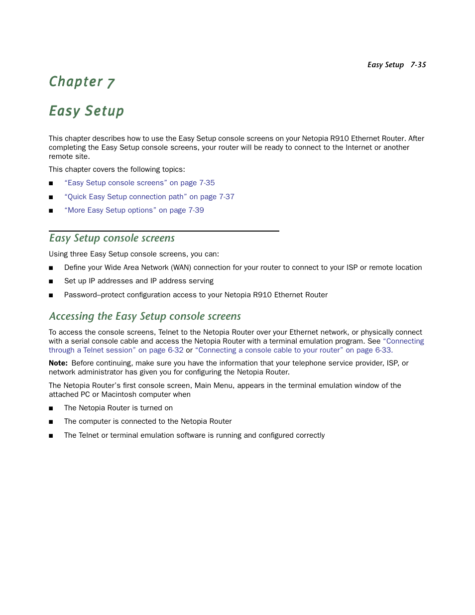 Easy setup, Easy setup console screens, Accessing the easy setup console screens | Netopia R910 User Manual | Page 35 / 209