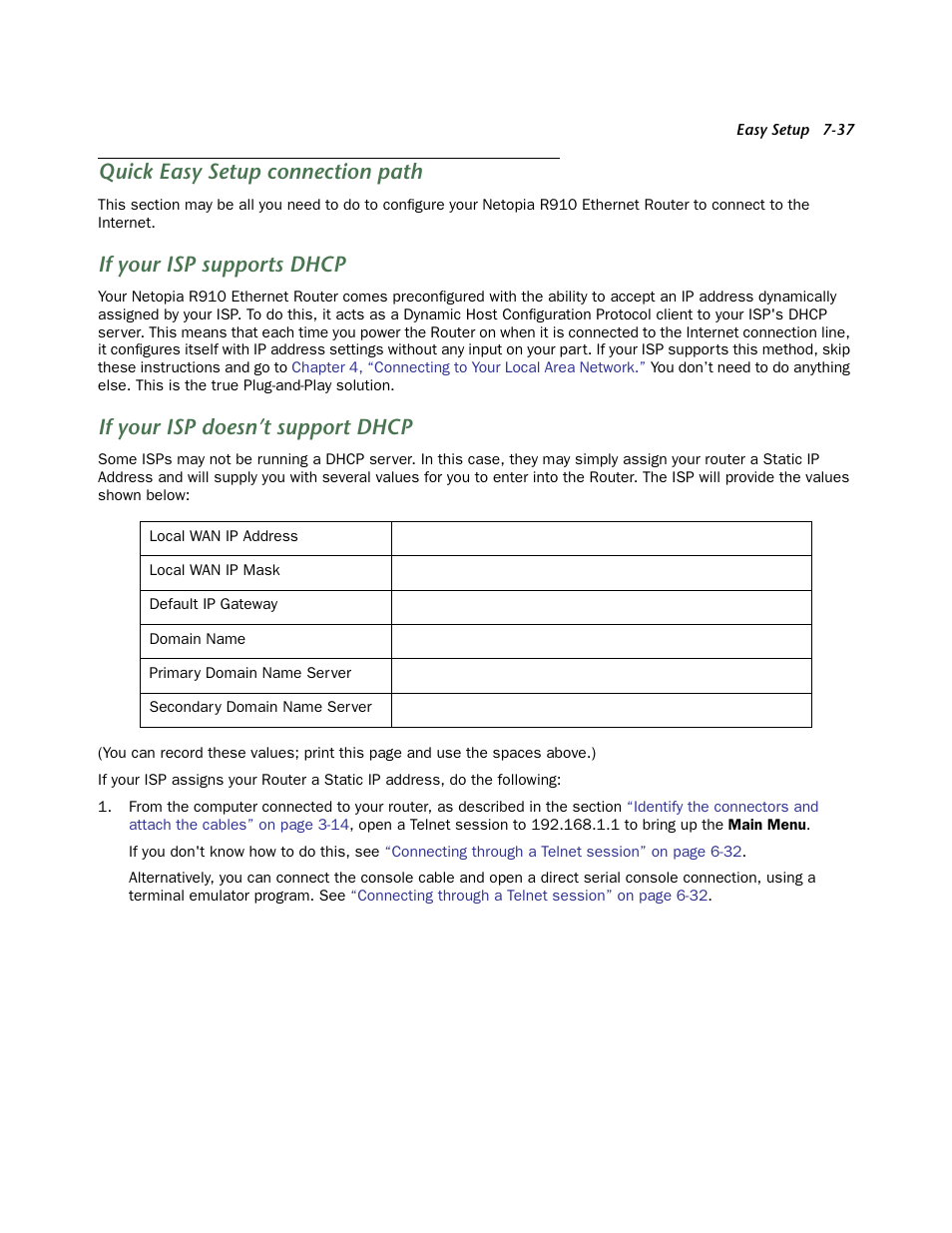 Quick easy setup connection path, If your isp supports dhcp, If your isp doesn’t support dhcp | If your isp suppor ts dhcp, If your isp doesn’t suppor t dhcp | Netopia R910 User Manual | Page 37 / 209