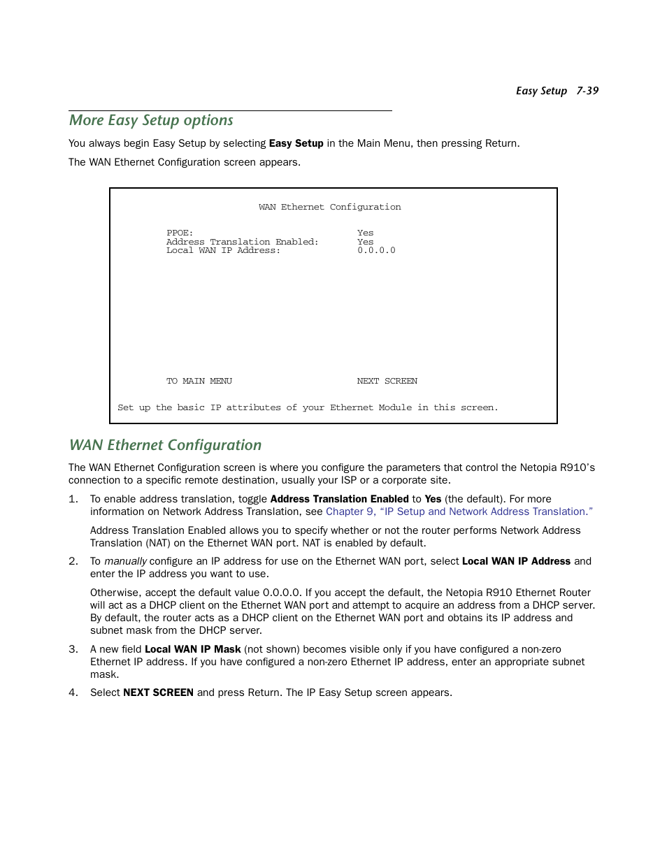 More easy setup options, Wan ethernet configuration | Netopia R910 User Manual | Page 39 / 209