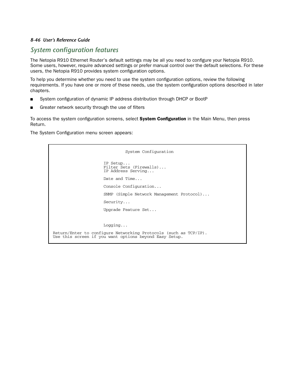 System configuration features | Netopia R910 User Manual | Page 46 / 209