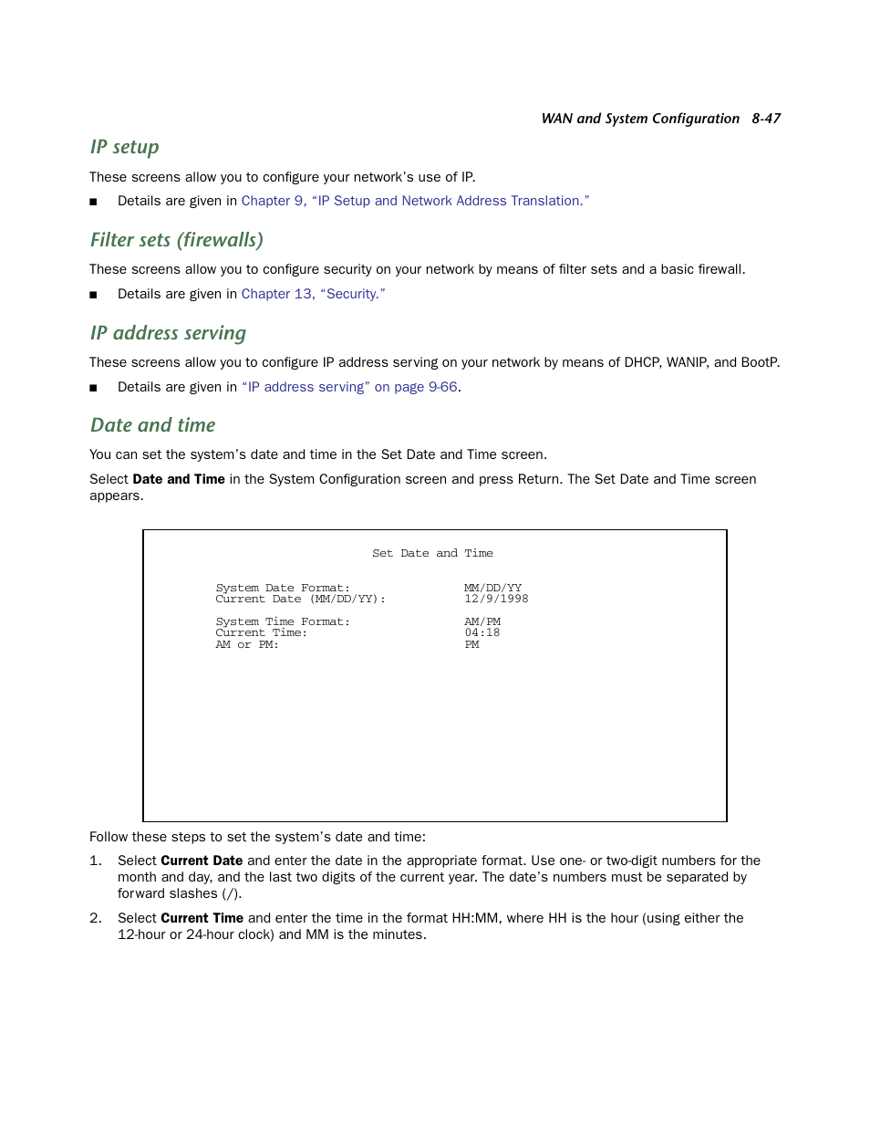 Ip setup, Filter sets (firewalls), Ip address serving | Date and time, Ip address ser ving | Netopia R910 User Manual | Page 47 / 209