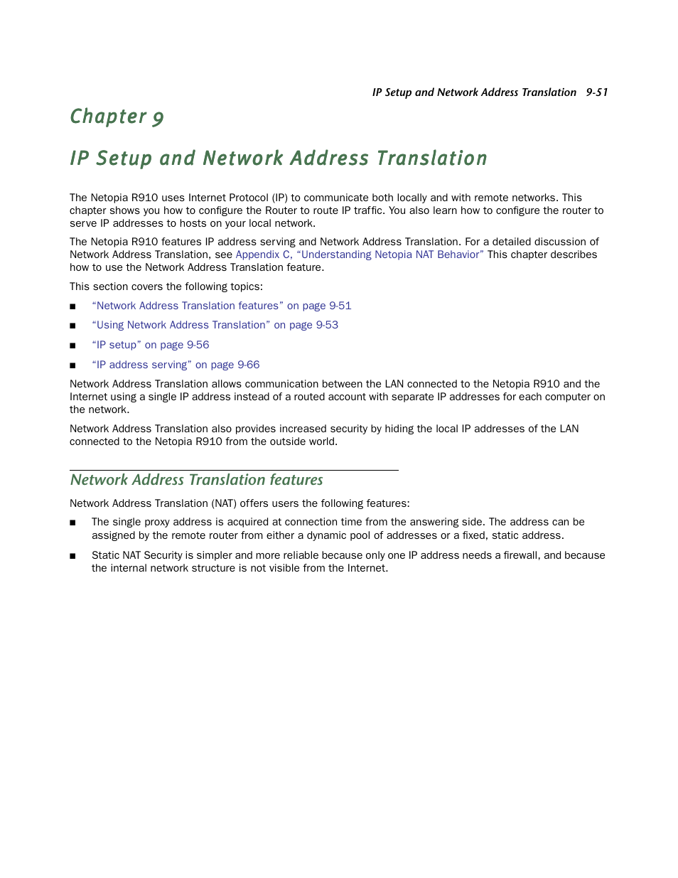 Ip setup and network address translation, Network address translation features, Ip setup and network address | Of this guide for mor | Netopia R910 User Manual | Page 51 / 209