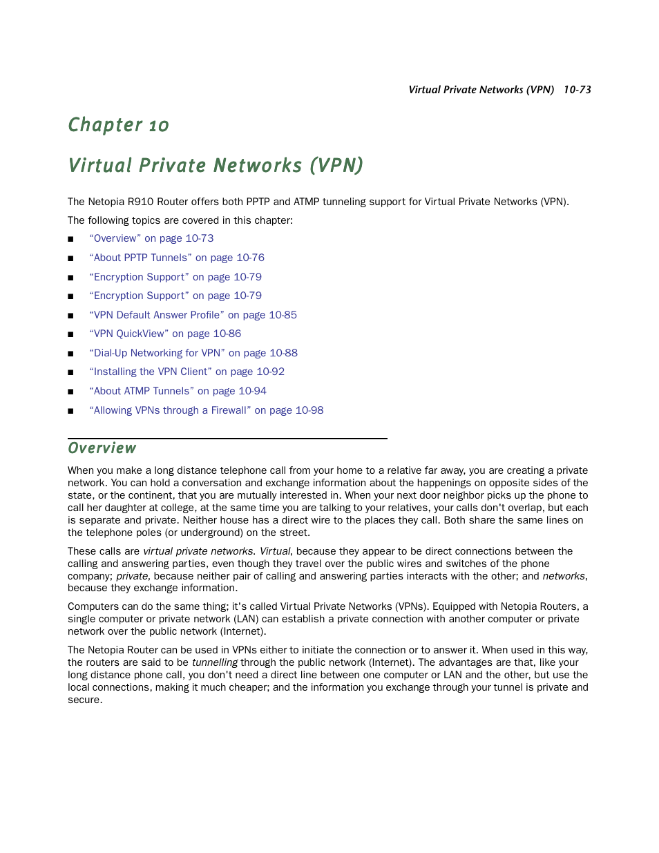 Virtual private networks (vpn), Overview, Over view | Netopia R910 User Manual | Page 73 / 209