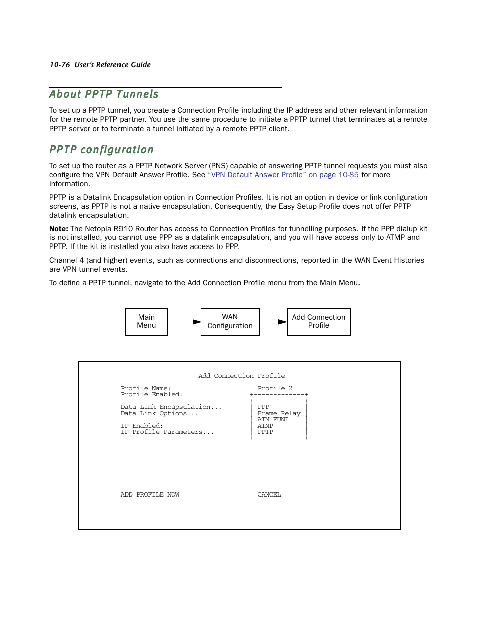 About pptp tunnels, Pptp configuration | Netopia R910 User Manual | Page 76 / 209