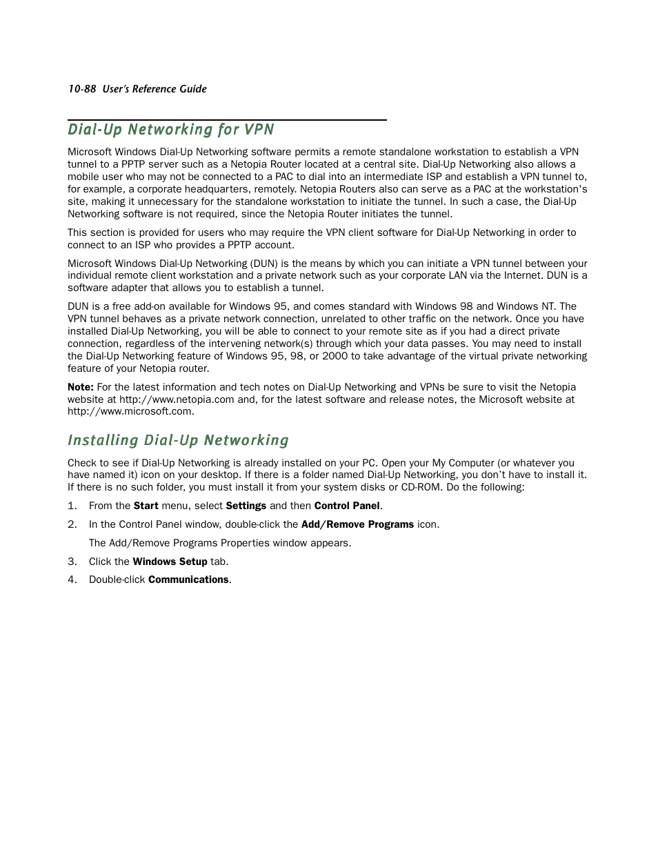 Dial-up networking for vpn, Installing dial-up networking | Netopia R910 User Manual | Page 88 / 209