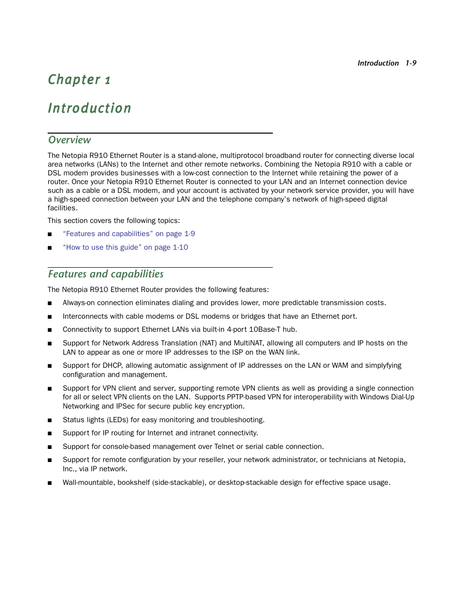 Introduction, Overview, Features and capabilities | Chapter 1 — introduction -9, Over view, Chapter 2 — setting up internet services -11, Chapter 3, Chapter 4, Chapter 5, Chapter 6 | Netopia R910 User Manual | Page 9 / 209