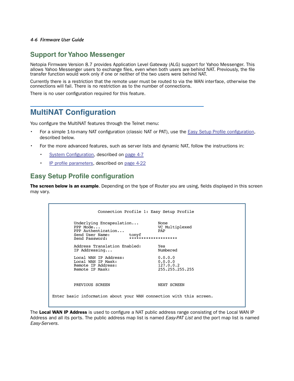 Support for yahoo messenger, Multinat configuration, Easy setup profile configuration | Suppor t for yahoo messenger -6, Multinat configuration -6, Easy setup profile configuration -6, Multinat conﬁguration, Easy setup proﬁle conﬁguration | Netopia 3300 User Manual | Page 102 / 334