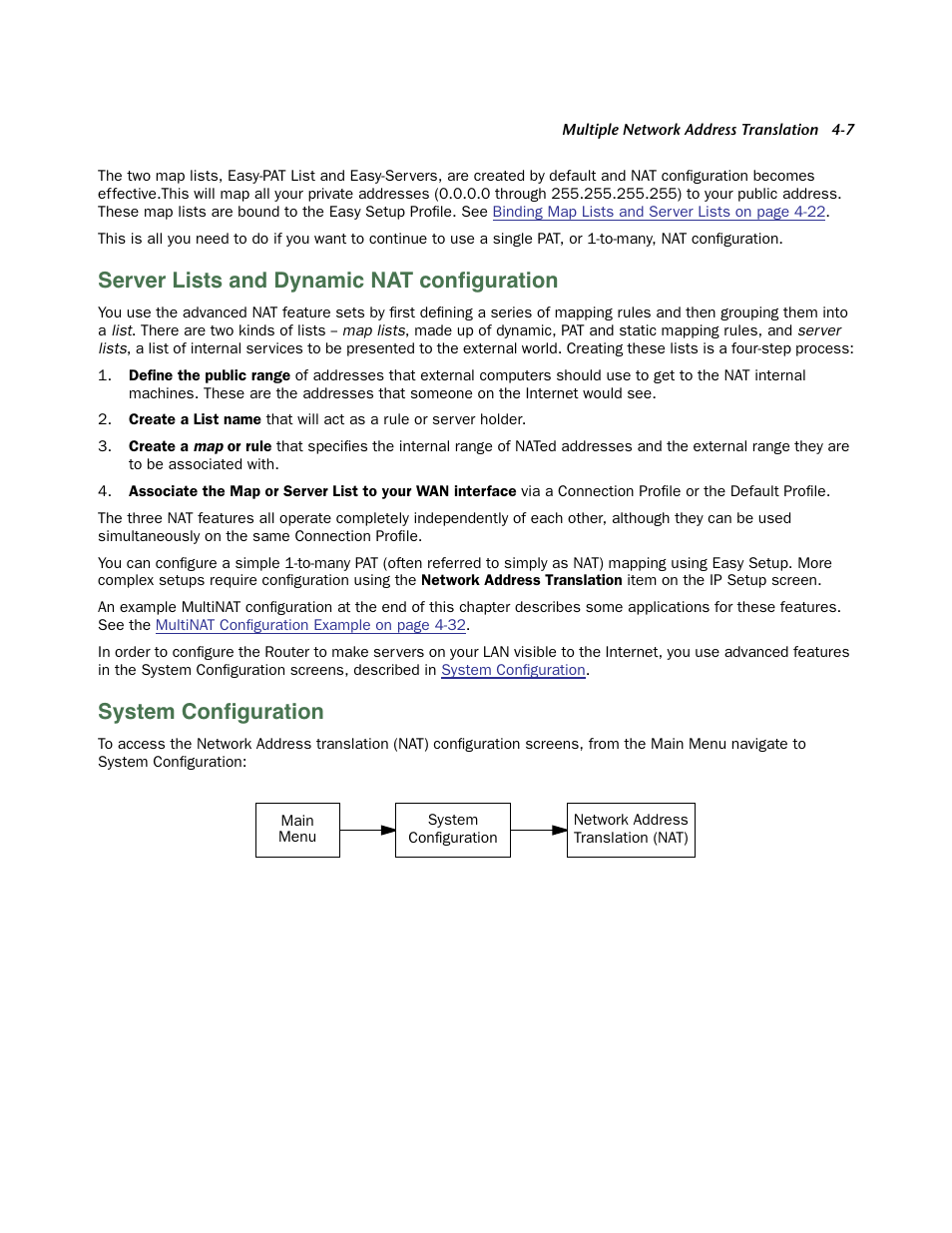 Server lists and dynamic nat configuration, System configuration, Ser ver lists and dynamic nat configuration -7 | System configuration -7, Server lists and dynamic nat conﬁguration, System conﬁguration | Netopia 3300 User Manual | Page 103 / 334
