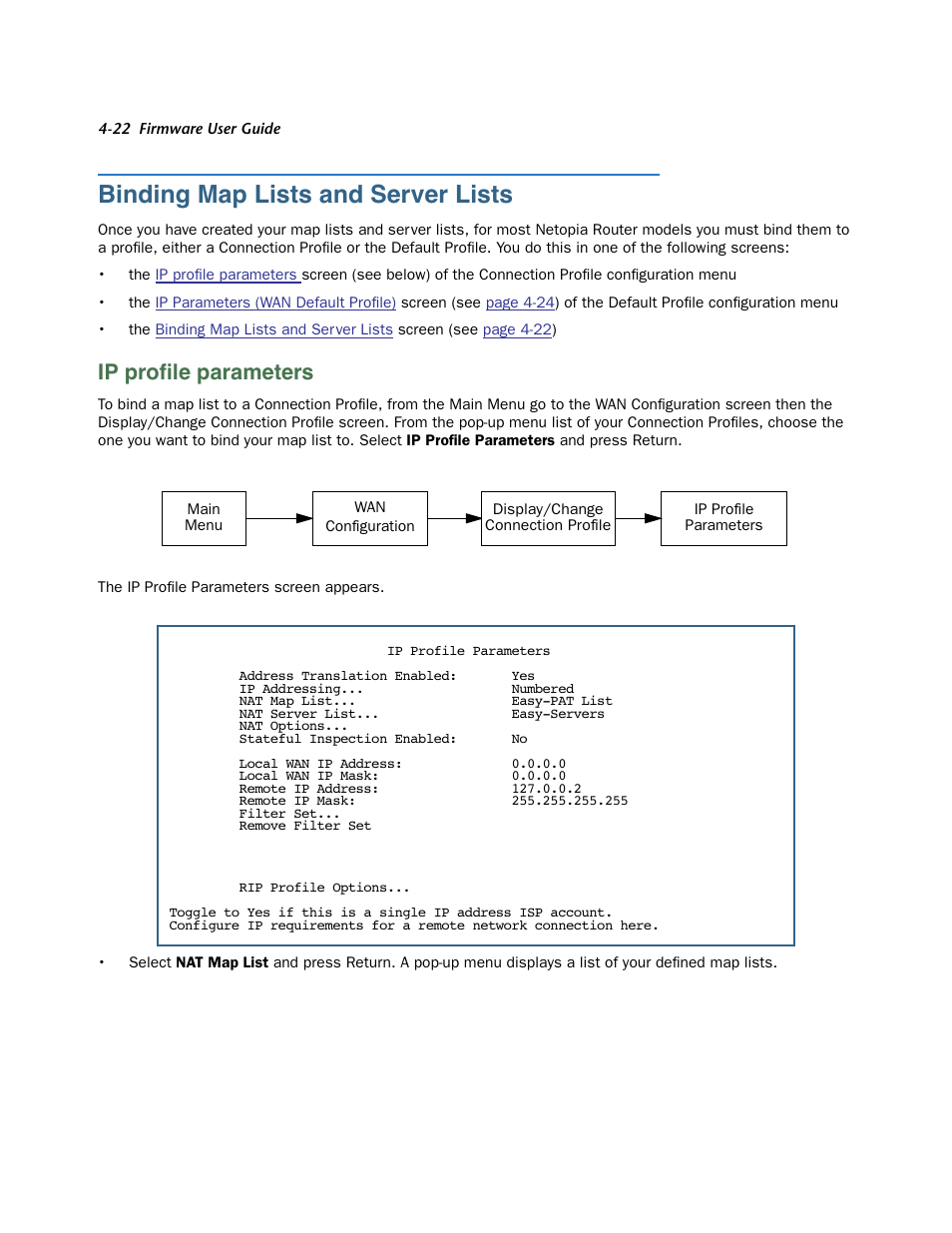 Binding map lists and server lists, Ip profile parameters, Binding map lists and ser ver lists -22 | Ip profile parameters -22, Described on, Ip proﬁle parameters | Netopia 3300 User Manual | Page 118 / 334
