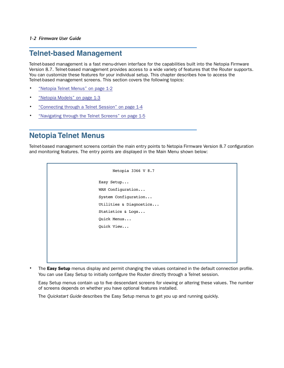 Telnet-based management, Netopia telnet menus, Telnet-based management -2 | Netopia telnet menus -2 | Netopia 3300 User Manual | Page 12 / 334