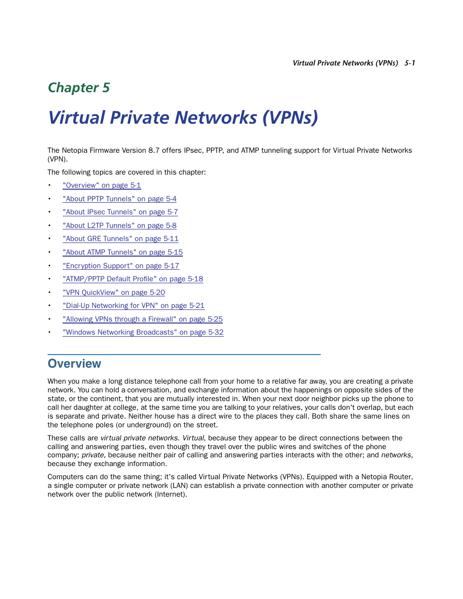 Virtual private networks (vpns), Overview, Chapter 5 — virtual private networks (vpns) -1 | Over view -1, See also, Chapter 5, “vir tual, Private networks (vpns), Chapter 5 | Netopia 3300 User Manual | Page 133 / 334