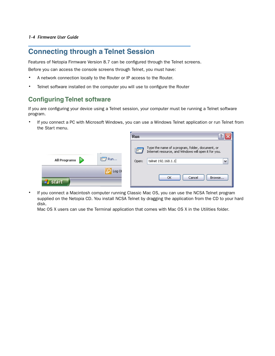Connecting through a telnet session, Configuring telnet software, Connecting through a telnet session -4 | Configuring telnet software -4, Conﬁguring telnet software | Netopia 3300 User Manual | Page 14 / 334