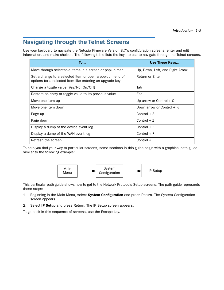 Navigating through the telnet screens, Navigating through the telnet screens -5 | Netopia 3300 User Manual | Page 15 / 334