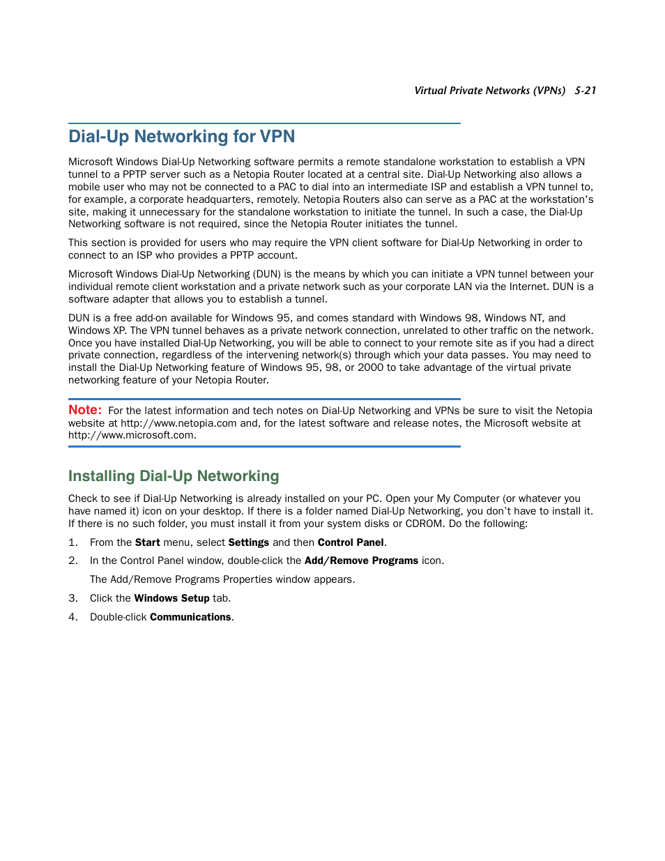 Dial-up networking for vpn, Installing dial-up networking, Dial-up networking for vpn -21 | Installing dial-up networking -21 | Netopia 3300 User Manual | Page 153 / 334