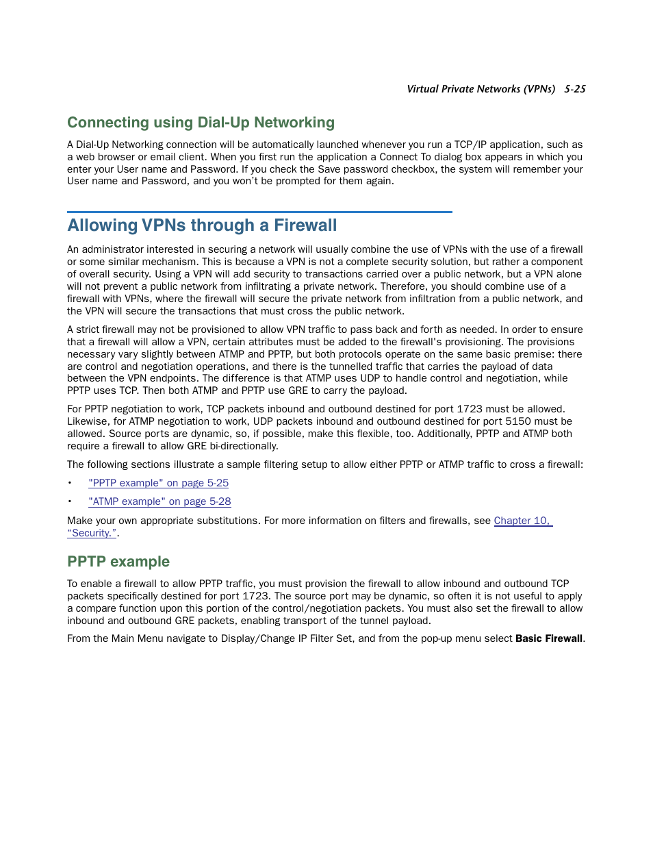 Connecting using dial-up networking, Allowing vpns through a firewall, Pptp example | Connecting using dial-up networking -25, Allowing vpns through a firewall -25, Pptp example -25 | Netopia 3300 User Manual | Page 157 / 334