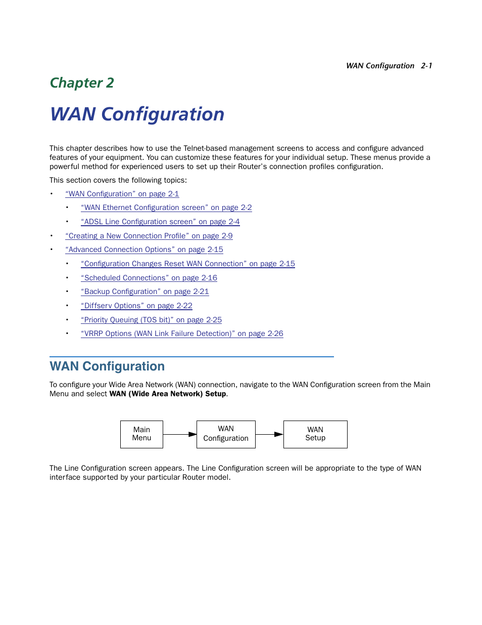 Wan configuration, Chapter 2 — wan configuration -1, Wan configuration -1 | Emote site. see, Chapter 2, Wan conﬁguration | Netopia 3300 User Manual | Page 17 / 334