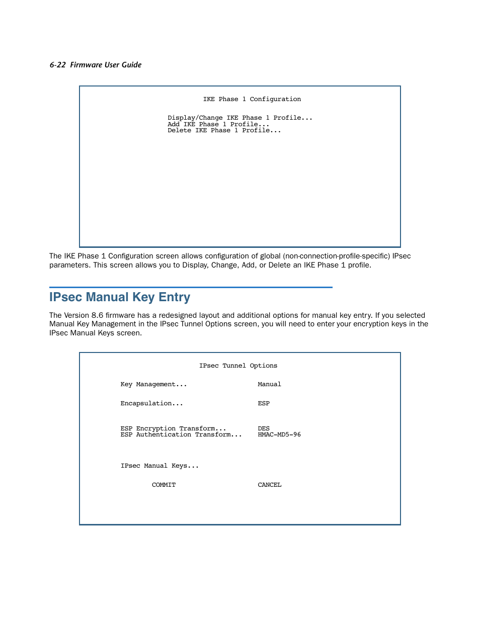 Ipsec manual key entry, Ipsec manual key entr y -22 | Netopia 3300 User Manual | Page 188 / 334