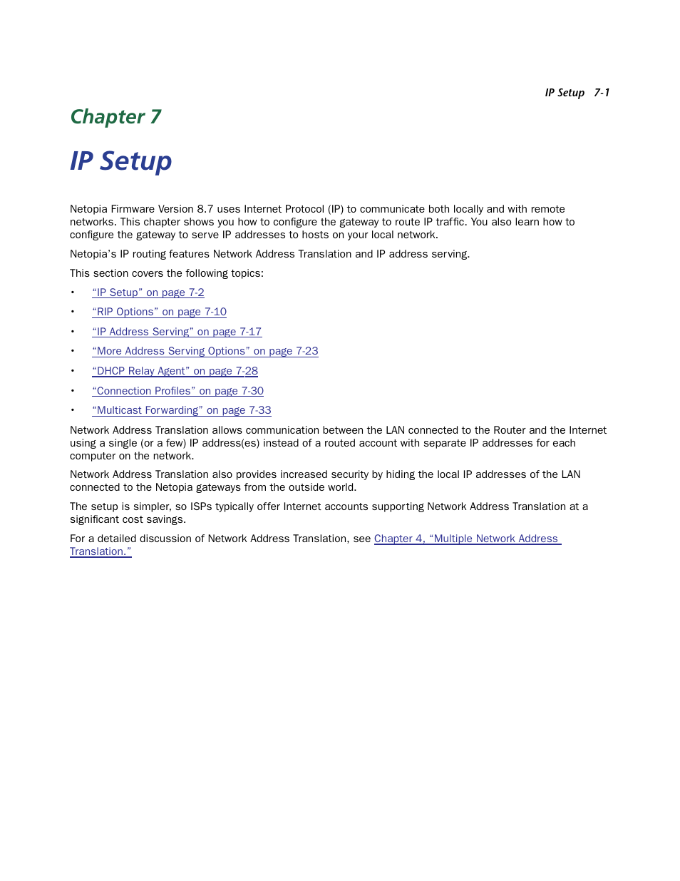 Ip setup, Chapter 7 — ip setup -1, Chapter 7 | Netopia 3300 User Manual | Page 193 / 334