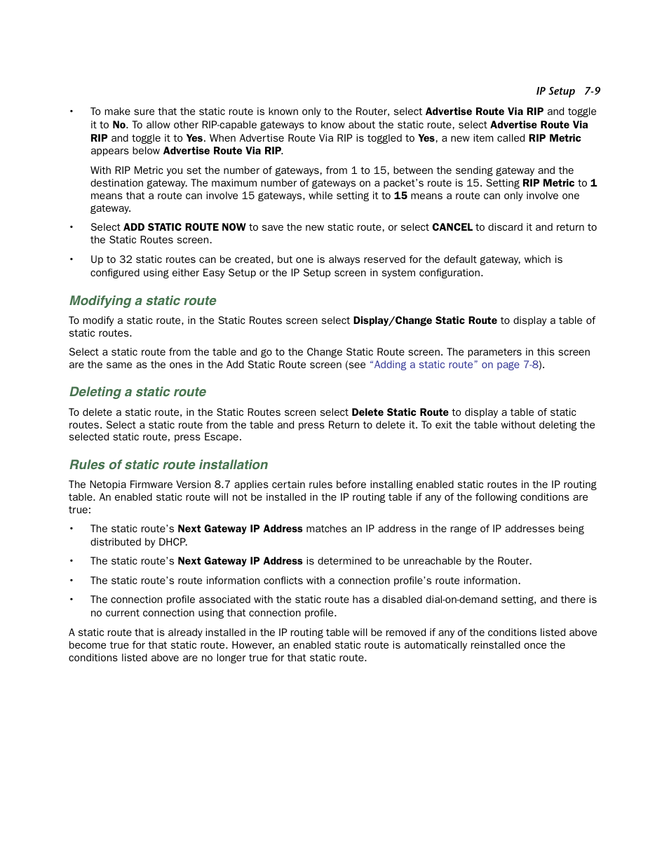 Modifying a static route, Deleting a static route, Rules of static route installation | Outing table. see, Rules of static | Netopia 3300 User Manual | Page 201 / 334