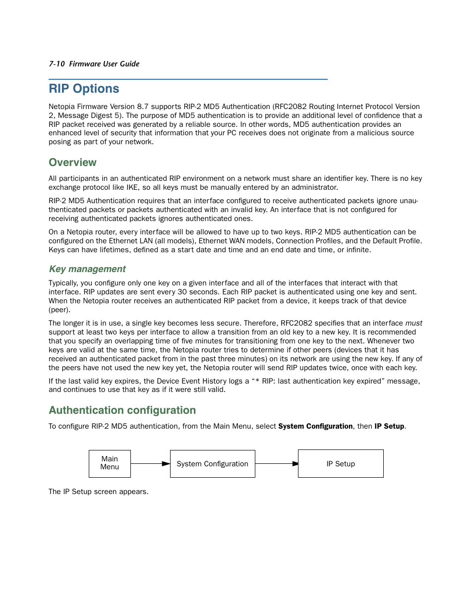 Rip options, Overview, Key management | Authentication configuration, Rip options -10, Over view -10, Authentication configuration -10, Authentication conﬁguration | Netopia 3300 User Manual | Page 202 / 334