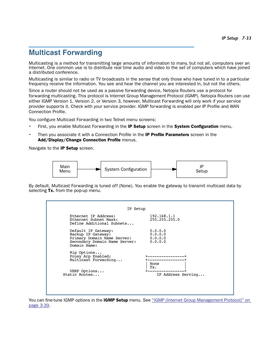 Multicast forwarding, Multicast for warding -33, Choose the type that you want to enable. see | For detailed | Netopia 3300 User Manual | Page 225 / 334