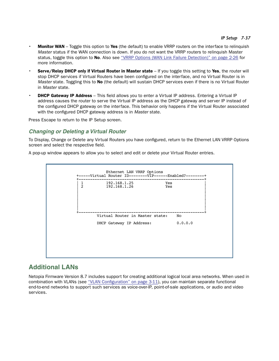 Changing or deleting a virtual router, Additional lans, Additional lans -37 | Een (see, Additional | Netopia 3300 User Manual | Page 229 / 334