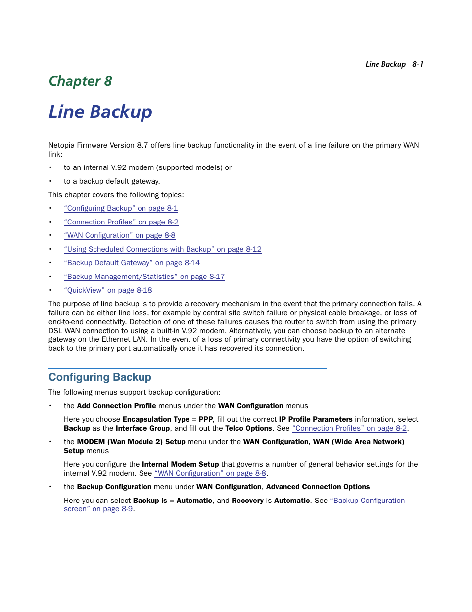 Line backup, Configuring backup, Chapter 8 — line backup -1 | Configuring backup -1, Chapter 8, Conﬁguring backup | Netopia 3300 User Manual | Page 233 / 334