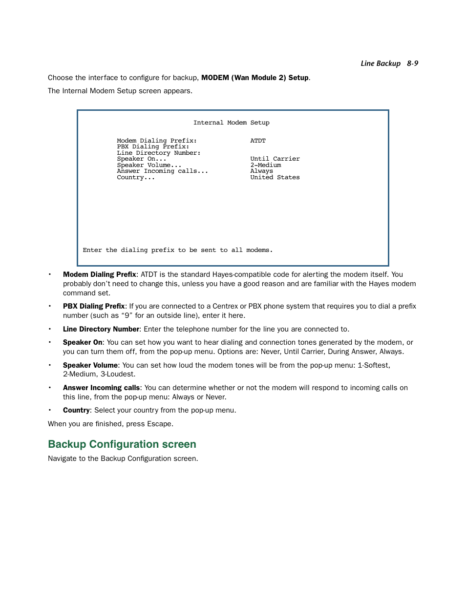 Backup configuration screen, Backup configuration screen -9, Backup configuration | Backup conﬁguration screen | Netopia 3300 User Manual | Page 241 / 334