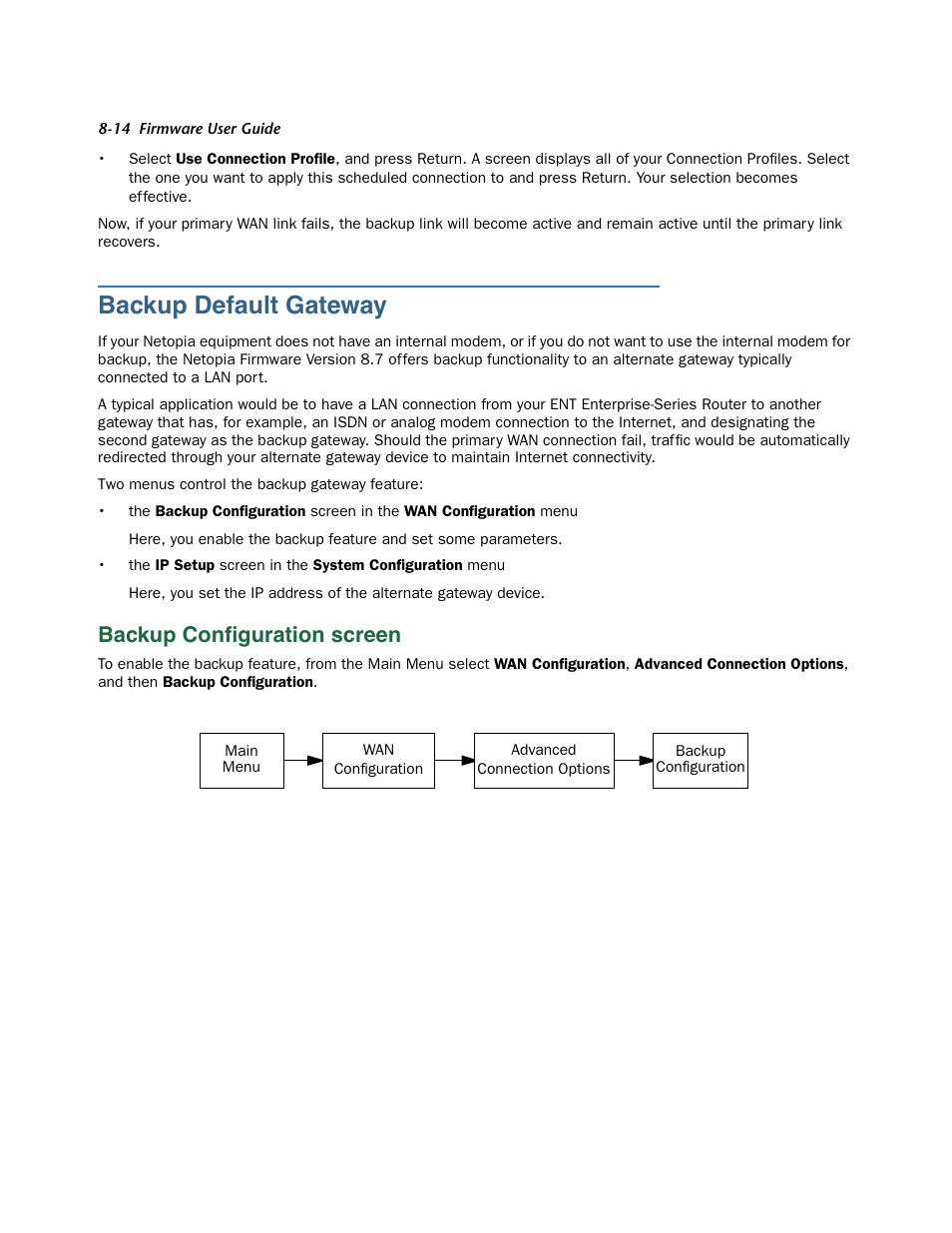 Backup default gateway, Backup configuration screen, Backup default gateway -14 | Backup configuration screen -14, E. see, Ent backup gateway device; see, Backup conﬁguration screen | Netopia 3300 User Manual | Page 246 / 334