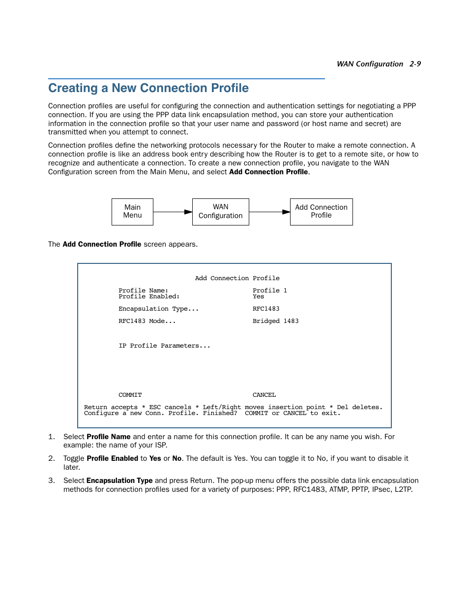 Creating a new connection profile, Creating a new connection profile -9, Creating a new connection proﬁle | Netopia 3300 User Manual | Page 25 / 334