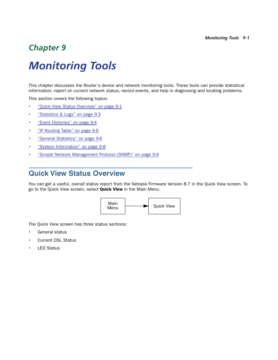 Monitoring tools, Quick view status overview, Chapter 9 — monitoring tools -1 | Quick view status over view -1, Chapter 9 | Netopia 3300 User Manual | Page 251 / 334