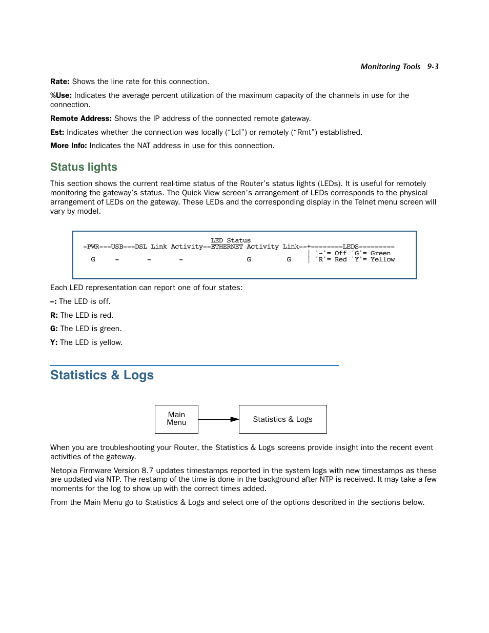 Status lights, Statistics & logs, Status lights -3 | Statistics & logs -3 | Netopia 3300 User Manual | Page 253 / 334