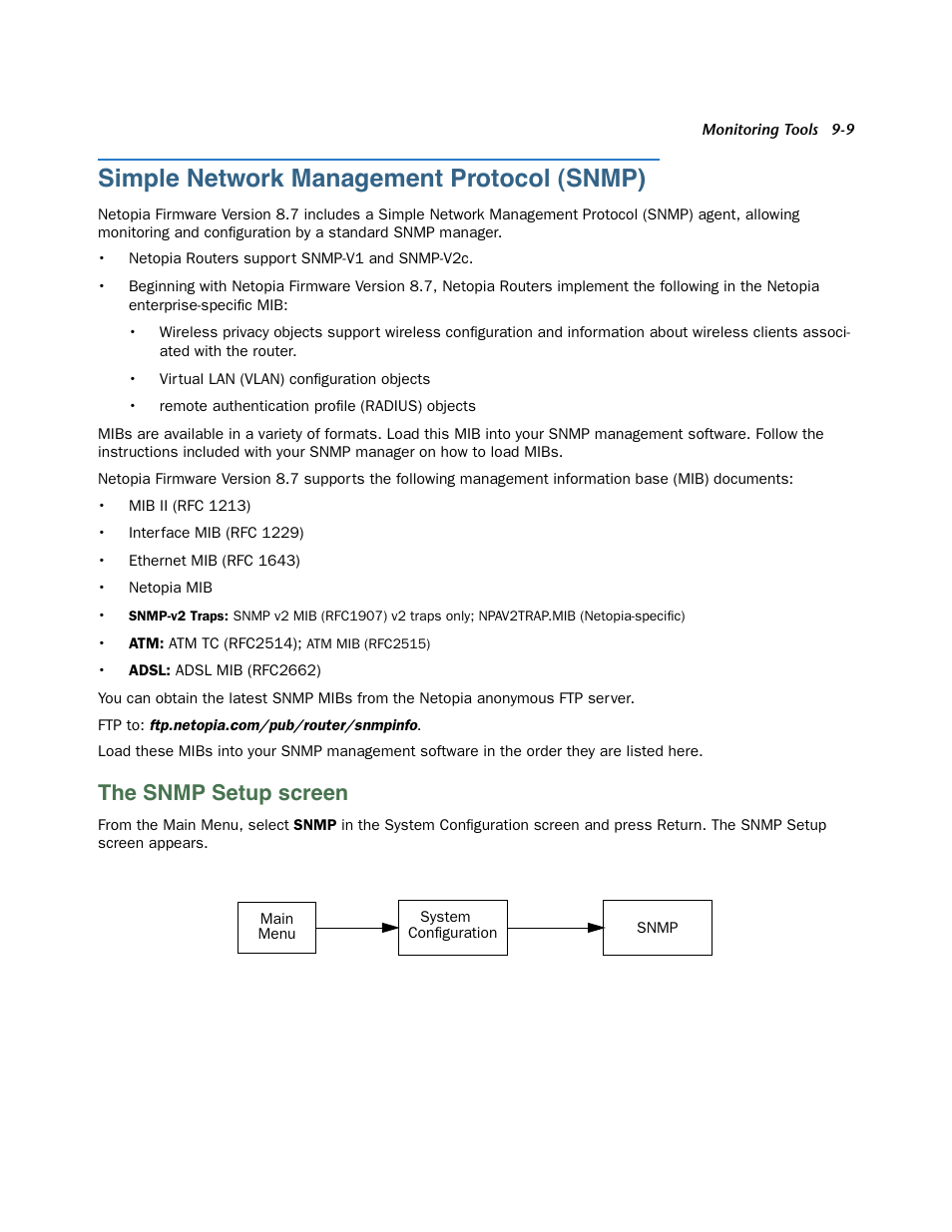 Simple network management protocol (snmp), The snmp setup screen, Simple network management protocol (snmp) -9 | The snmp setup screen -9 | Netopia 3300 User Manual | Page 259 / 334