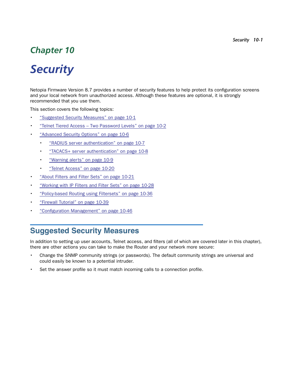 Security, Suggested security measures, Chapter 10 — security -1 | Suggested security measures -1, Chapter 10, Esses. see the chapter, For mor | Netopia 3300 User Manual | Page 265 / 334