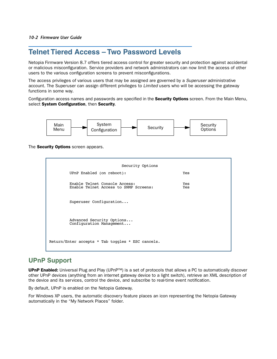 Telnet tiered access – two password levels, Upnp support, Telnet tiered access – two password levels -2 | Upnp suppor t -2 | Netopia 3300 User Manual | Page 266 / 334