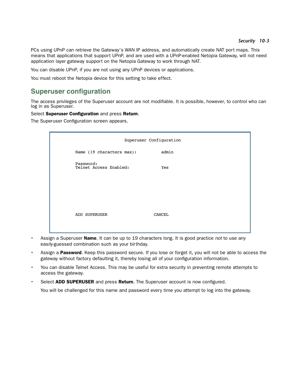Superuser configuration, Superuser configuration -3, Superuser conﬁguration | Netopia 3300 User Manual | Page 267 / 334
