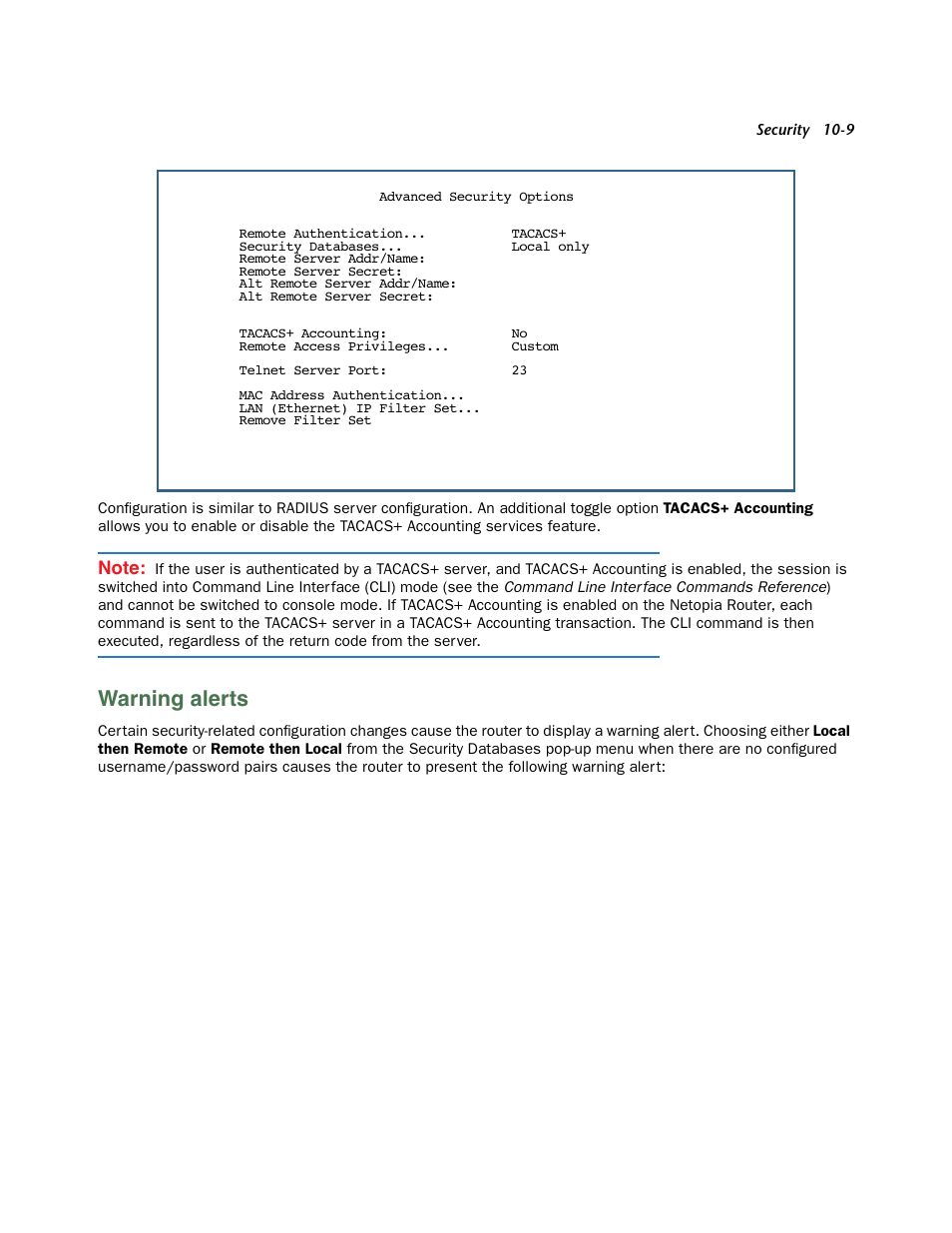 Warning alerts, Warning aler ts -9 | Netopia 3300 User Manual | Page 273 / 334