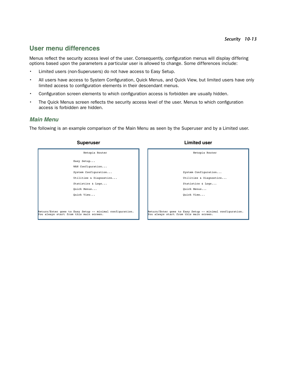User menu differences, Main menu, User menu differences -13 | Netopia 3300 User Manual | Page 277 / 334