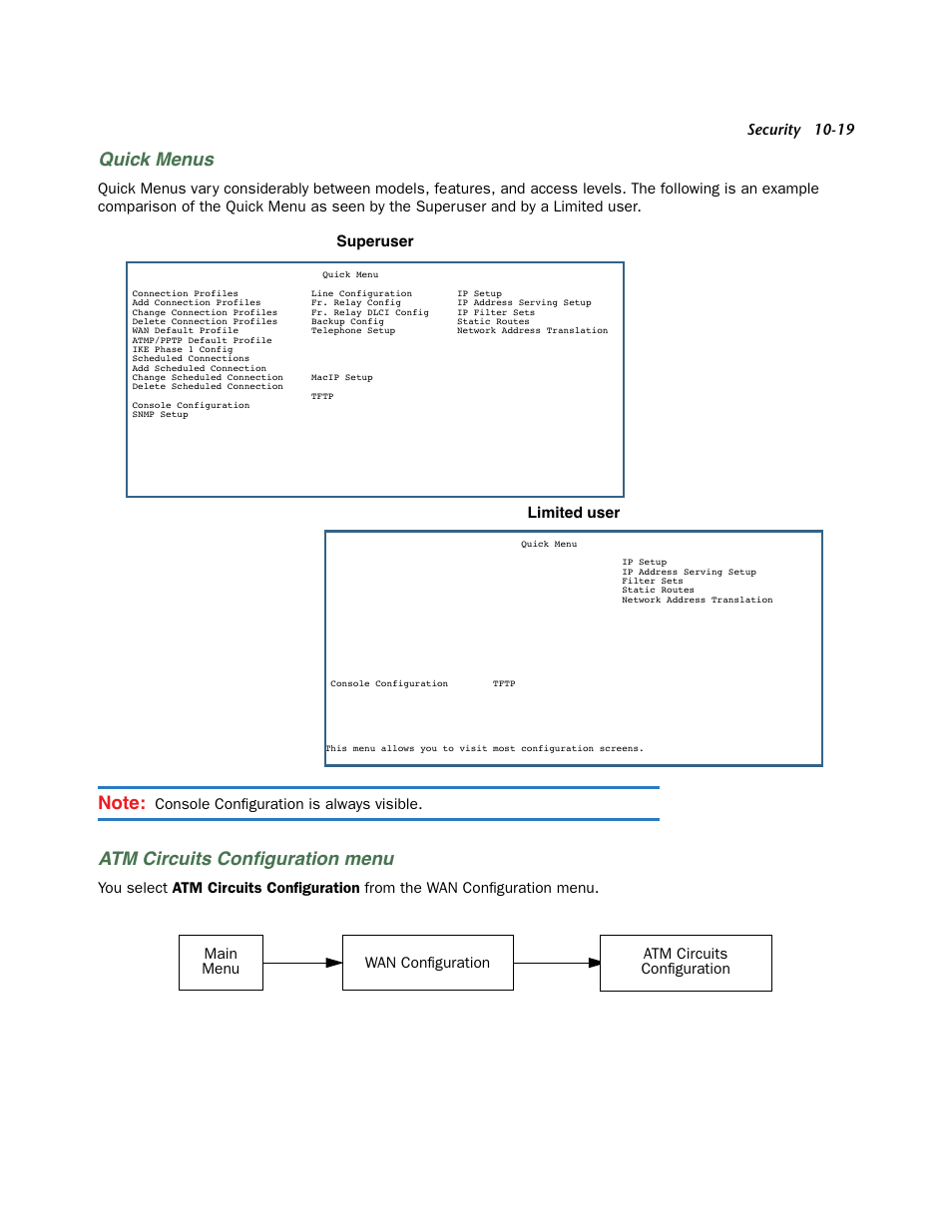 Quick menus, Atm circuits configuration menu, Atm circuits conﬁguration menu | Netopia 3300 User Manual | Page 283 / 334