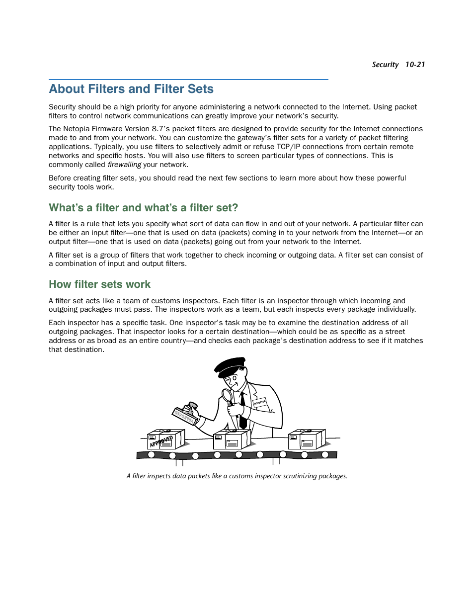 About filters and filter sets, What’s a filter and what’s a filter set, How filter sets work | About filters and filter sets -21, What’s a filter and what’s a filter set? -21, How filter sets work -21, T. see, About filters, What’s a ﬁlter and what’s a ﬁlter set, How ﬁlter sets work | Netopia 3300 User Manual | Page 285 / 334