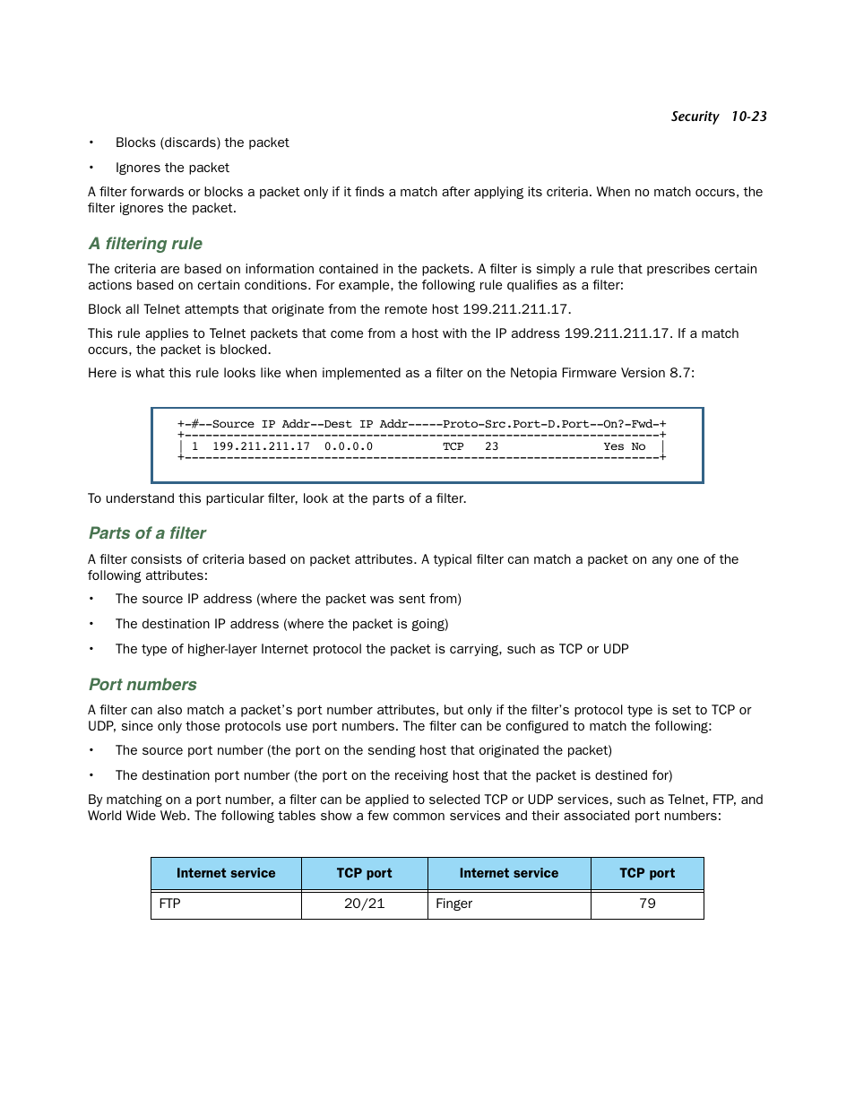 A filtering rule, Parts of a filter, Port numbers | A ﬁltering rule, Parts of a ﬁlter | Netopia 3300 User Manual | Page 287 / 334