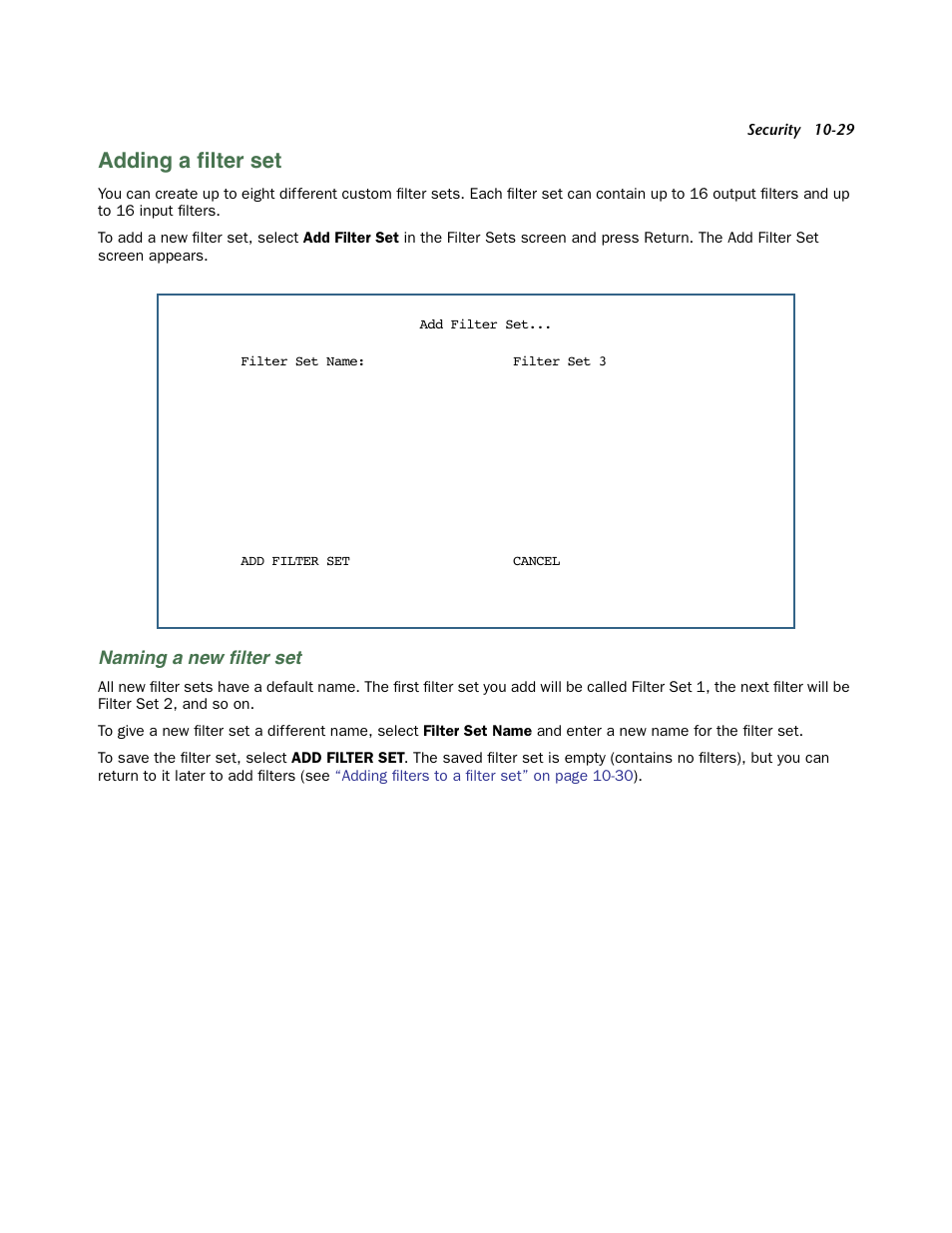 Adding a filter set, Naming a new filter set, Adding a filter set -29 | Adding a ﬁlter set, Naming a new ﬁlter set | Netopia 3300 User Manual | Page 293 / 334
