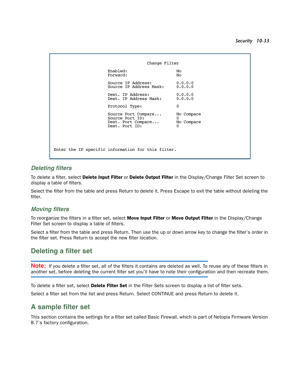 Deleting filters, Moving filters, Deleting a filter set | A sample filter set, Deleting a filter set -33, A sample filter set -33, Deleting a ﬁlter set, A sample ﬁlter set | Netopia 3300 User Manual | Page 297 / 334