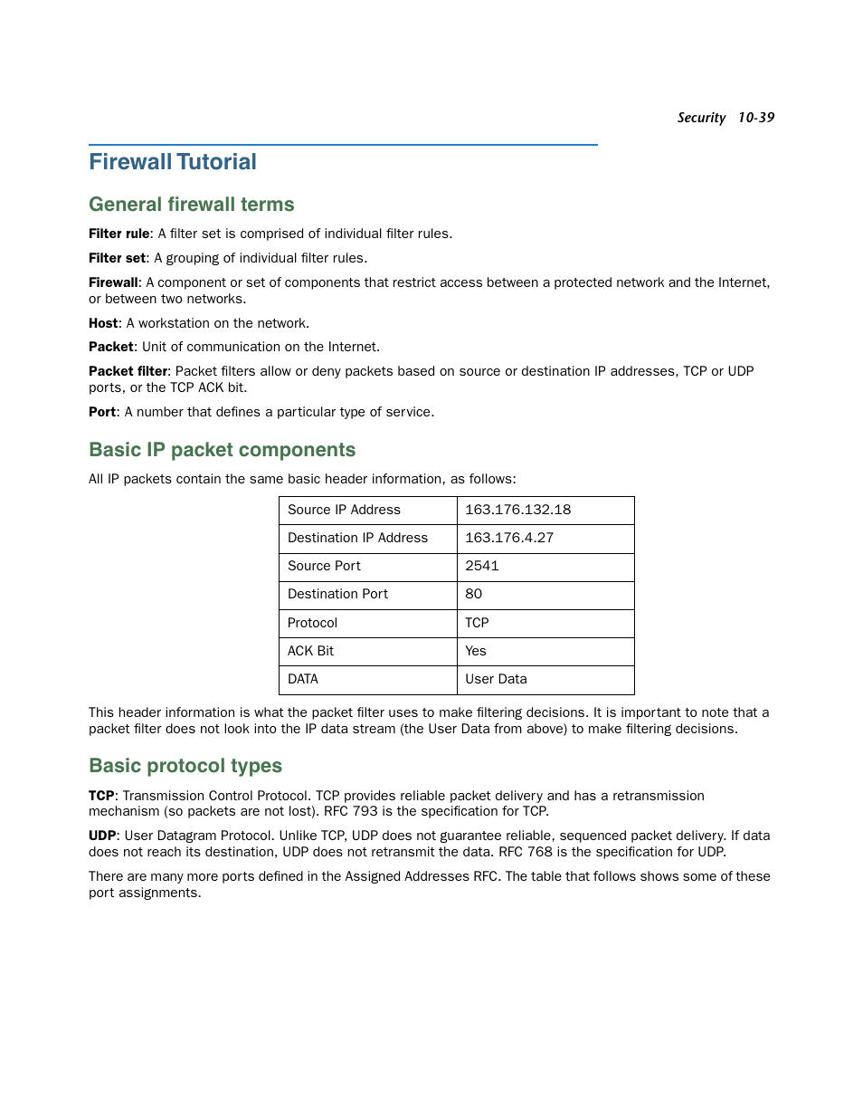 Firewall tutorial, General firewall terms, Basic ip packet components | Basic protocol types, Firewall tutorial -39, General firewall terms -39, Basic ip packet components -39, Basic protocol types -39, General ﬁrewall terms | Netopia 3300 User Manual | Page 303 / 334