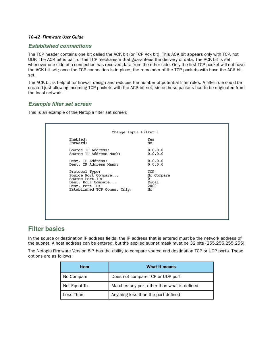 Established connections, Example filter set screen, Filter basics | Filter basics -42, Example ﬁlter set screen | Netopia 3300 User Manual | Page 306 / 334