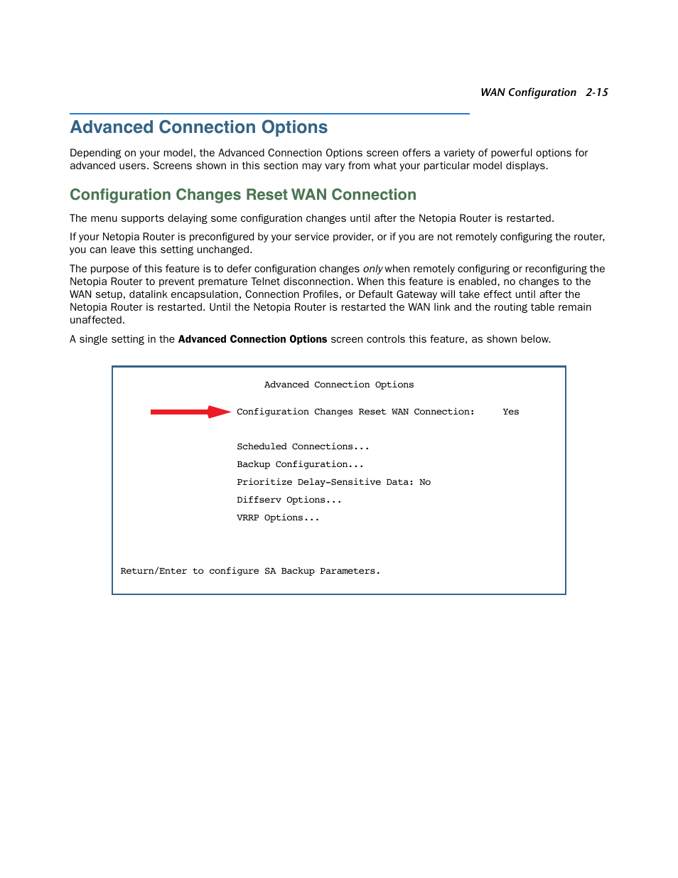 Advanced connection options, Configuration changes reset wan connection, Advanced connection options -15 | Configuration changes reset wan connection -15, Conﬁguration changes reset wan connection | Netopia 3300 User Manual | Page 31 / 334