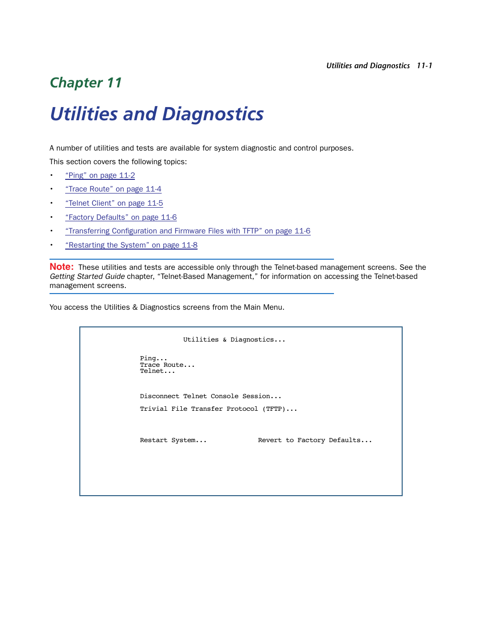 Utilities and diagnostics, Chapter 11 — utilities and diagnostics -1, Ebooting the system. see | Chapter 11 | Netopia 3300 User Manual | Page 315 / 334